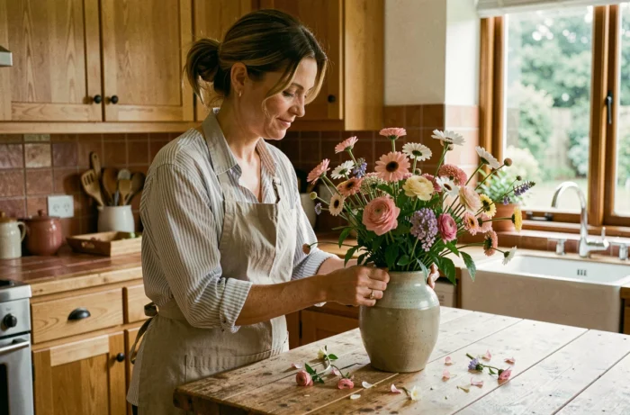 Femme arrangeant un bouquet de fleurs sauvages dans un vase en céramique sur un comptoir en bois chaleureux dans une cuisine rustique