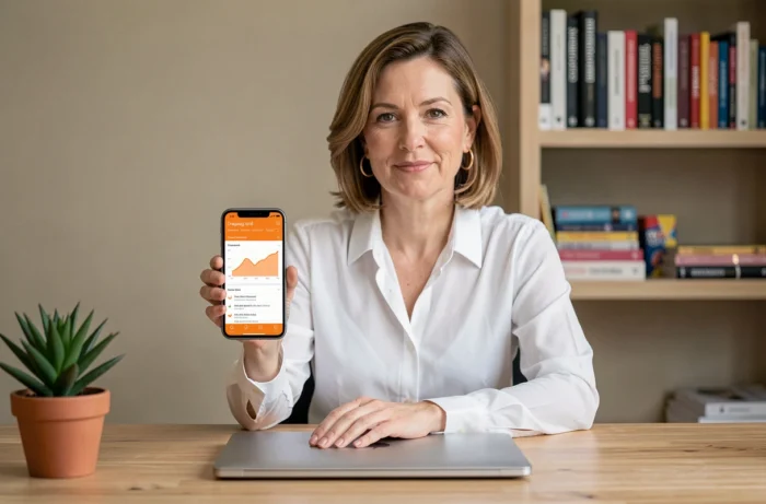 Femme au bureau à domicile vérifiant sa consommation de données internet Orange via l'application mobile