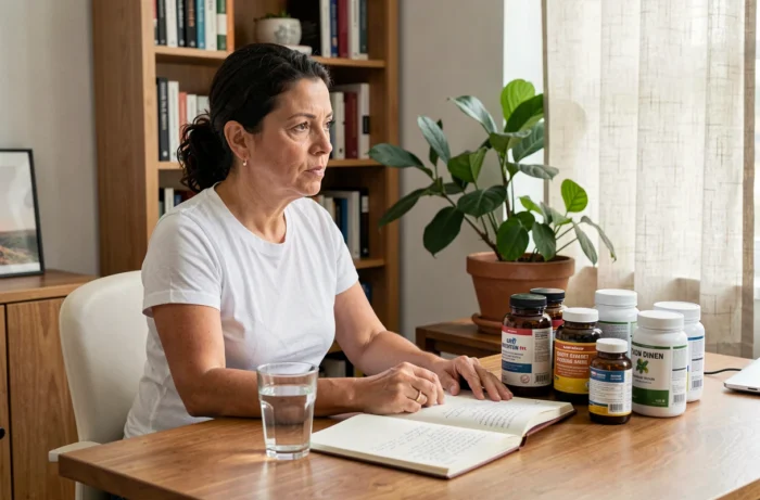 Femme comparant différents compléments alimentaires pour la ménopause à son bureau à domicile