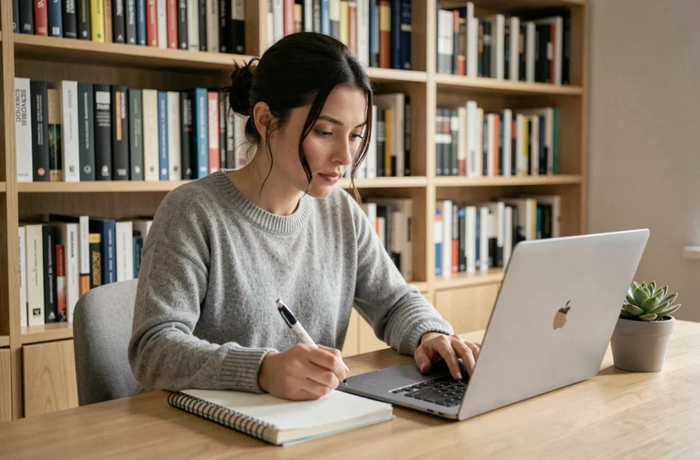 Femme professionnelle explorant les dernières tendances informatiques sur un ordinateur portable dans un bureau moderne et minimaliste