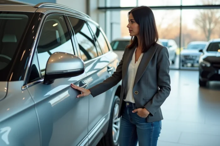 Femme examinant attentivement une SUV moderne dans une concession automobile contemporaine