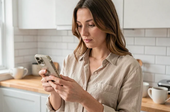 Femme comparant des modèles d'iPhone abordables sur son téléphone dans une cuisine moderne