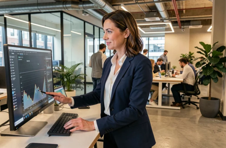 Femme dirigeante analysant des données d'entreprise sur un écran dans un bureau moderne et innovant