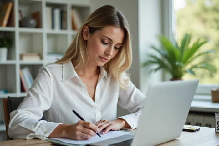 Femme consultant un dossier de prêt immobilier sur son ordinateur depuis son bureau à domicile