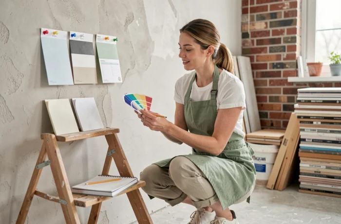 Femme comparant des échantillons de peinture sur un mur plâtré lors d'un projet de rénovation intérieure