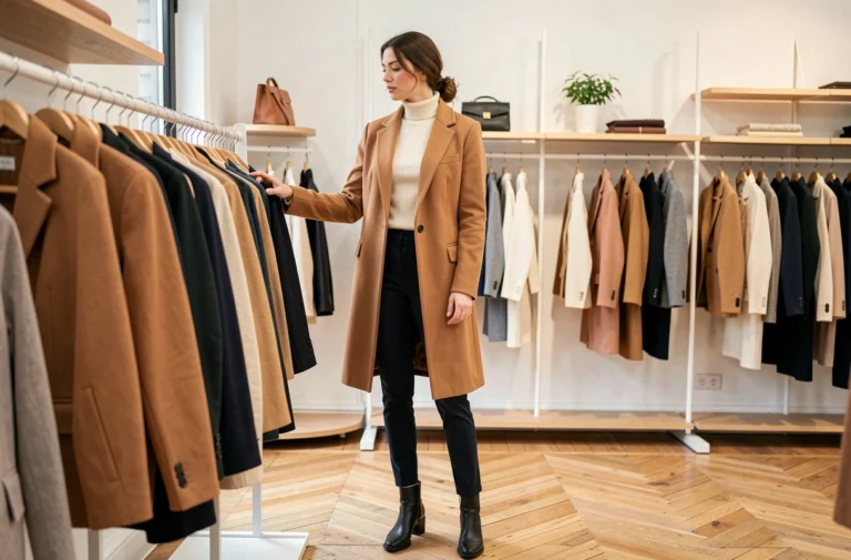 Femme élégante en manteau camel parcourant les rayons d'une boutique de mode parisienne