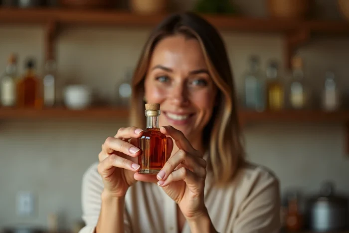 Femme tenant une mignonnette en verre de cognac et examinant son étiquette devant une étagère de collection de petites bouteilles