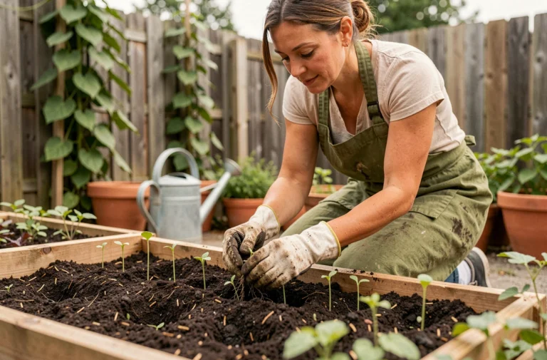 Femme jardinière qui transplante des plants de légumes dans un potager surélevé avec de la terre riche et des pots en terre cuite