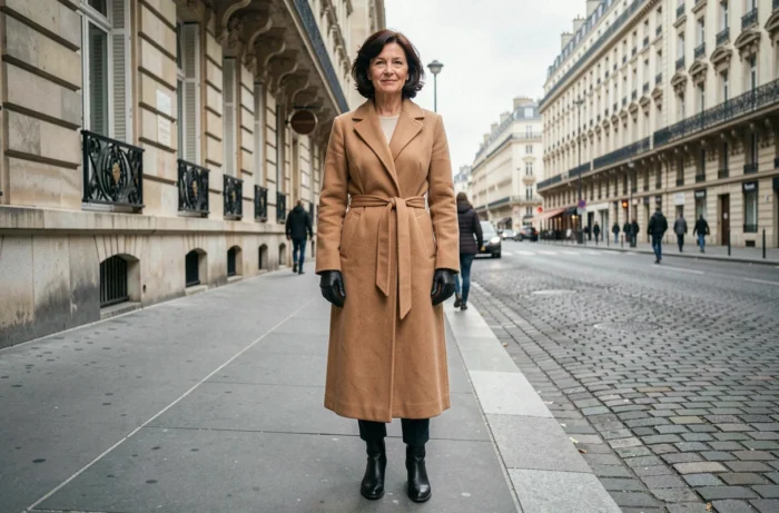Femme de petite stature en manteau camel sur un boulevard haussmannien à Paris, illustration de la taille petite chez la femme française