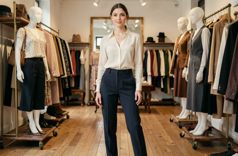 Femme de petite taille en tenue élégante dans une boutique parisienne, illustrant les standards de taille féminine en France