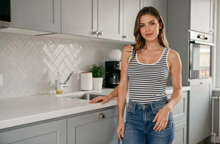 Jeune femme de petite taille dans une cuisine moderne parisienne, référence visuelle pour la taille considérée comme petite pour une femme en France