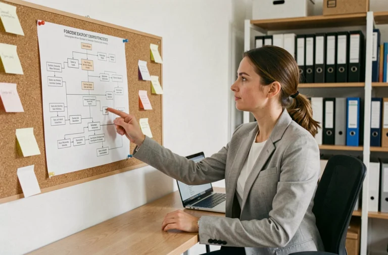 Femme professionnelle pointant un plan de site imprimé sur un tableau en liège dans un bureau moderne