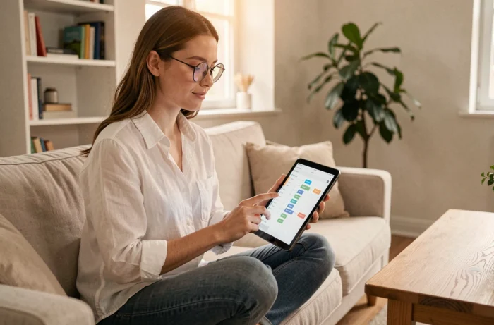 Jeune femme consultant un plan de site structuré sur une tablette dans un bureau minimaliste à domicile