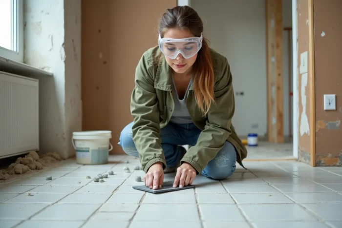 Femme posant du carrelage dans une cuisine en rénovation avec du mortier joint et des outils de bricolage au sol