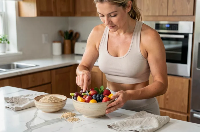 Femme préparant un bol nutritif et coloré dans une cuisine moderne pour prendre soin de sa santé au quotidien