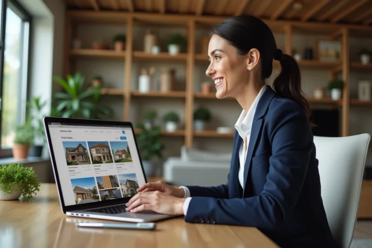 Femme professionnelle consultant le plan du site Juste Immo sur un ordinateur portable dans un bureau moderne