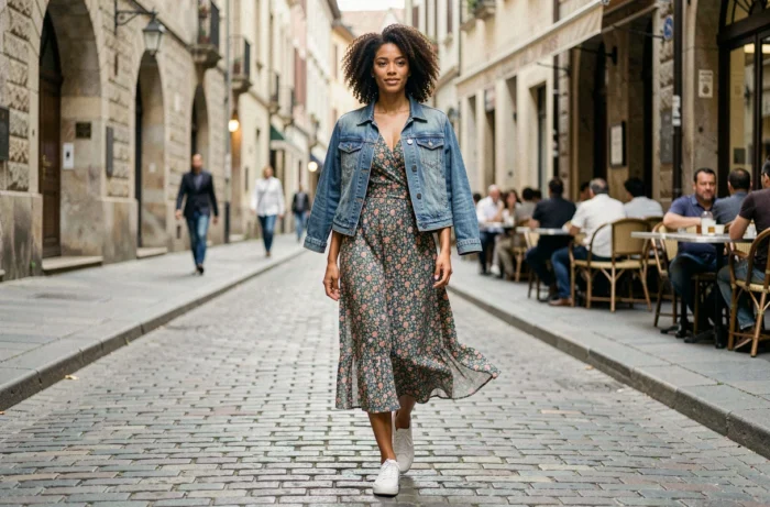 Jeune femme en robe fleurie et veste en jean marchant dans une rue pavée européenne