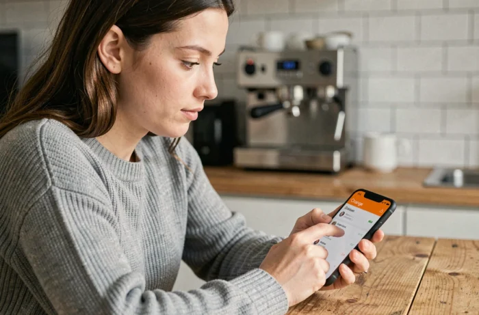 Jeune femme consultant sa consommation internet Orange sur son smartphone dans une cuisine moderne