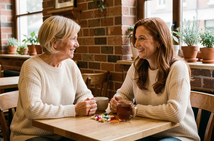 Deux femmes échangeant sur les compléments alimentaires naturels pour la ménopause autour d'un café