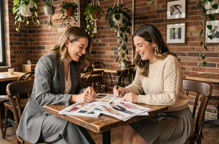 Deux femmes passionnées de mode discutant de tendances vestimentaires autour de magazines dans un café