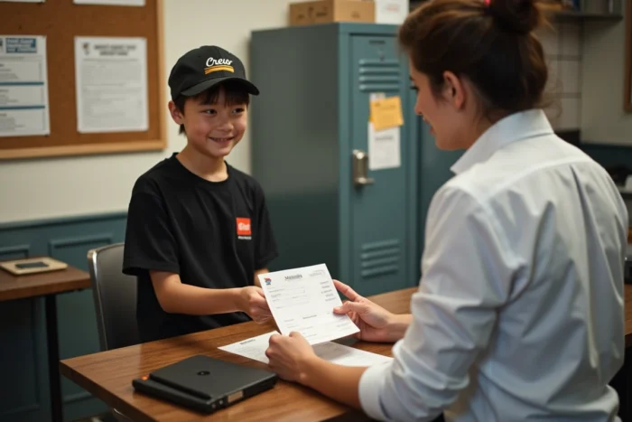 Jeune employé de 16 ans recevant sa fiche de paie d'un responsable dans l'arrière-salle d'un restaurant fast-food, illustrant la convention collective de la restauration rapide
