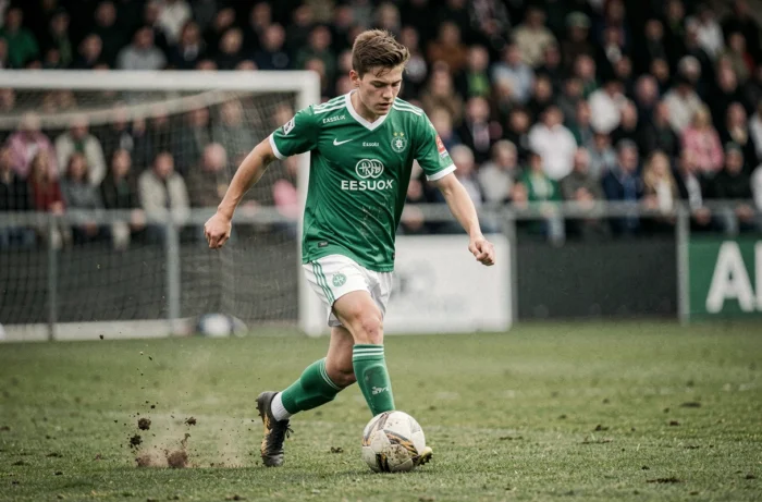 Jeune footballeur en maillot vert de club Essex dribblant un ballon sur un terrain herbeux lors d'un match local