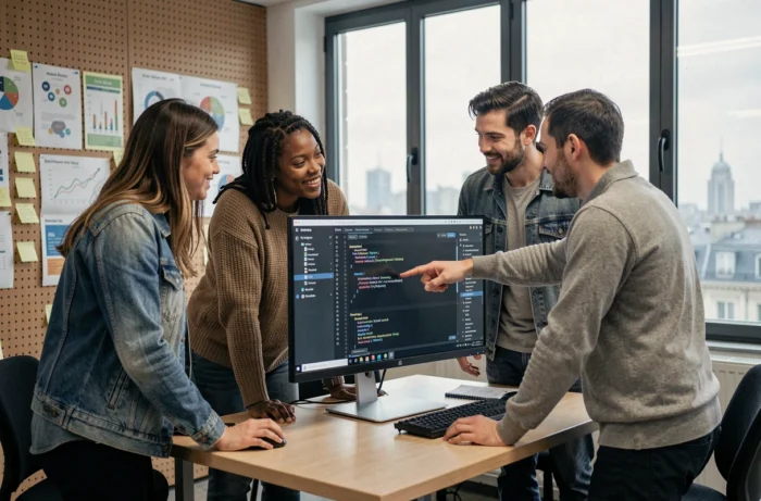 Groupe de professionnels en formation digitale collaborant autour d'un écran dans une académie numérique parisienne