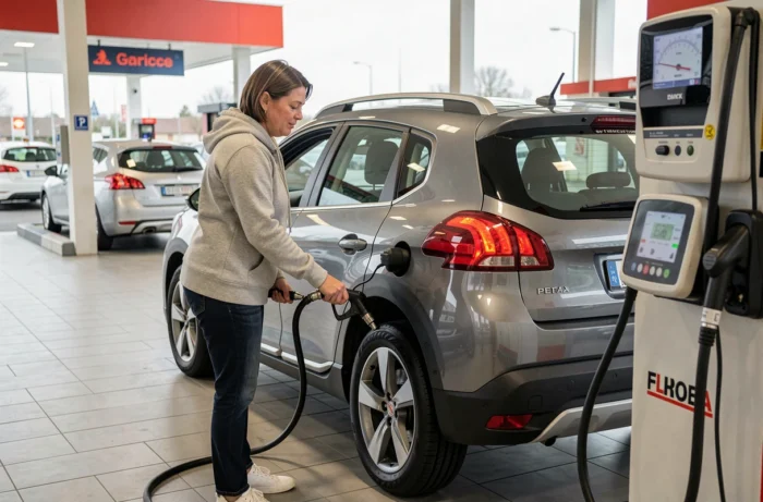 Femme gonflant les pneus de sa Peugeot 2008 grise à une station-service avec un compresseur d'air