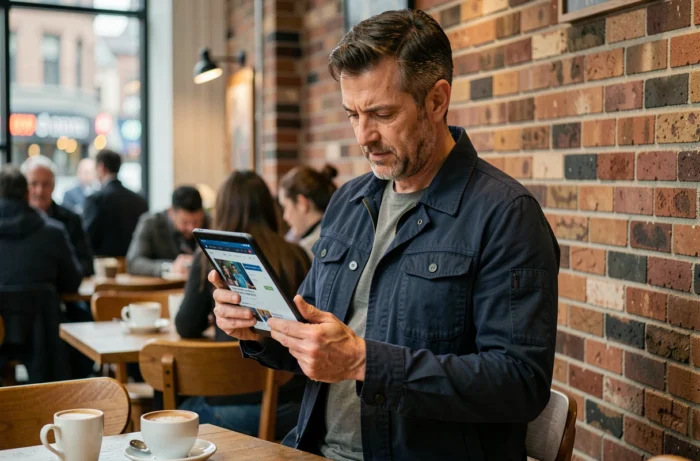 Homme lisant les actualités web en temps réel sur une tablette dans un café urbain animé