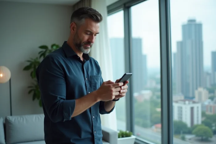 Homme analysant la crédibilité d'une offre de réservation en ligne sur son smartphone dans un appartement moderne