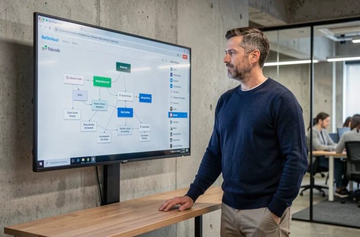 Homme en pull marine analysant une arborescence de site web sur un grand écran dans un espace de coworking