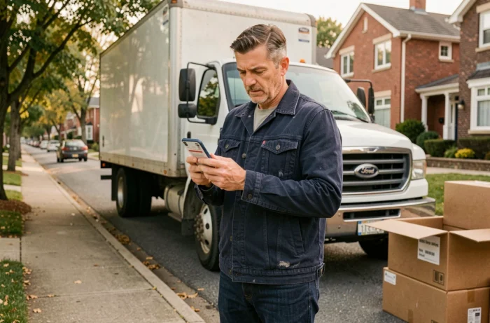 Homme consultant son smartphone devant un camion de déménagement dans une rue résidentielle pour comparer des services en 2026