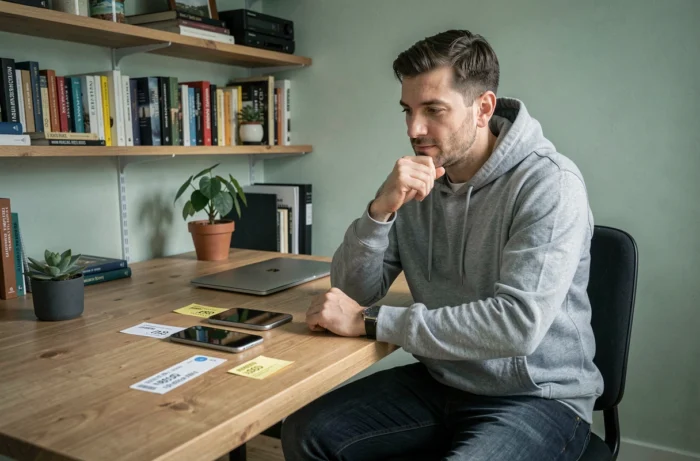 Homme comparant deux iPhones abordables sur un bureau à domicile avec étiquettes de prix