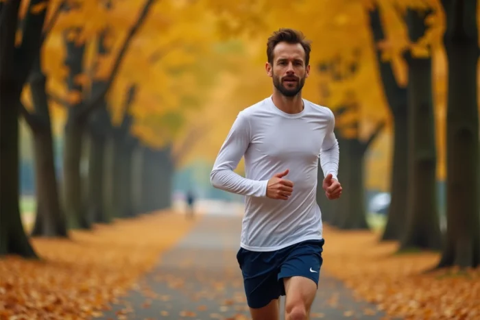 Homme en train de courir sur un chemin de parc urbain entouré de feuilles d'automne dorées
