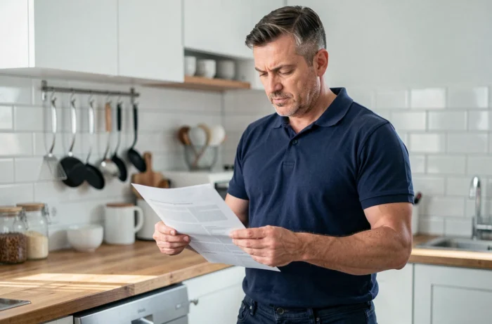 Homme examinant un document de remboursement dans sa cuisine, air concentré et réfléchi