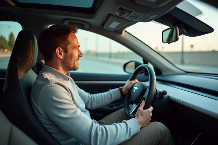Homme au volant d'une berline électrique explorant les fonctionnalités du tableau de bord numérique