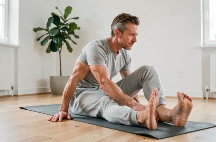 Homme faisant des étirements sur un tapis de yoga dans un salon épuré pour entretenir sa santé physique