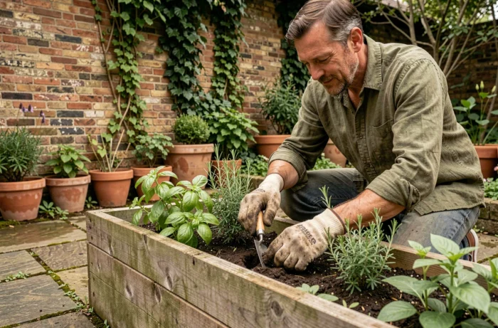 Homme en train de repiquer des herbes aromatiques dans un carré de jardin surélevé en bois entouré de pots en terre cuite et d'un vieux mur en brique