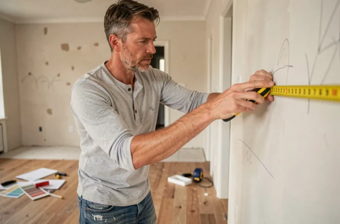 Homme mesurant un mur dans un salon en cours de rénovation avec des outils de chantier au sol