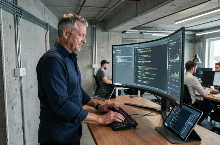 Homme informaticien analysant des données et du code sur un écran incurvé dans un open space technologique contemporain