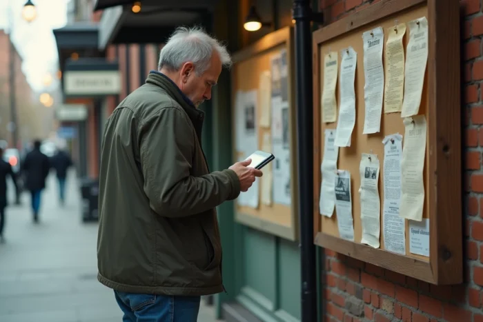 Homme lisant des petites annonces affichées sur un panneau communautaire en milieu urbain