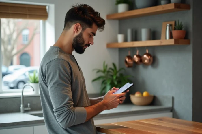 Homme consultant le plan du site Juste Immo sur smartphone dans une cuisine contemporaine