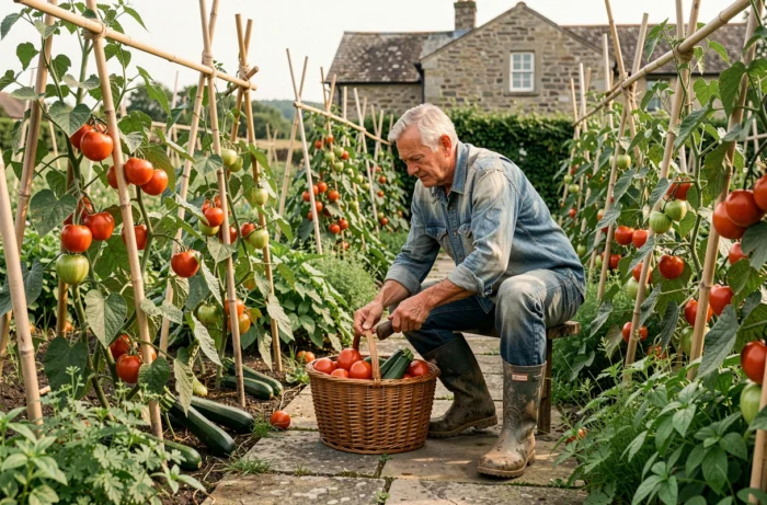 Homme récoltant des tomates et des courgettes dans un potager de campagne abondant avec un panier en osier