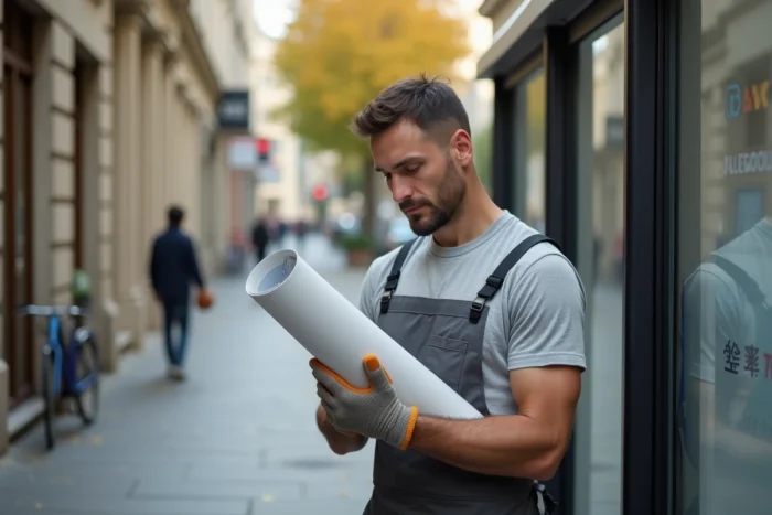 Homme récupérant une affiche JCDecaux auprès d'un panneau publicitaire en rue dans une ville française