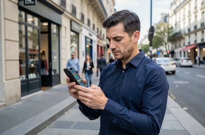 Homme debout dans la rue consultant les données de consommation internet Orange sur son téléphone