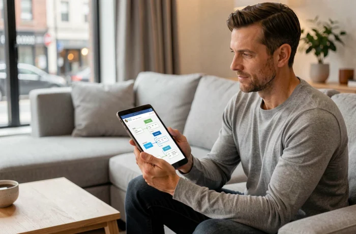 Homme consultant le plan de navigation d'un site familial sur une tablette dans un salon moderne