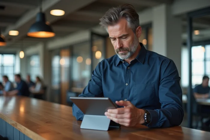 Homme professionnel consultant les tendances web en temps réel sur une tablette dans un espace de coworking
