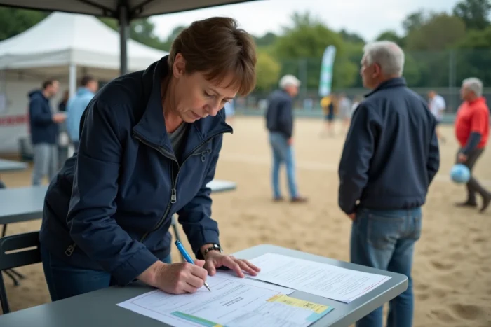 Femme remplissant un formulaire d'inscription à un tournoi de pétanque FFPJP avec une carte de licence visible