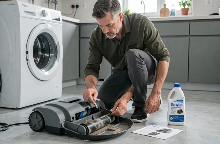 Homme inspectant les pièces démontées d'un aspirateur Tineco avec du Sanytol posé à côté dans une buanderie