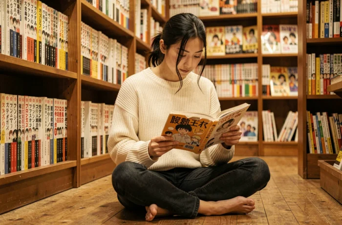 Jeune femme lisant un manga célèbre commençant par C dans une librairie japonaise